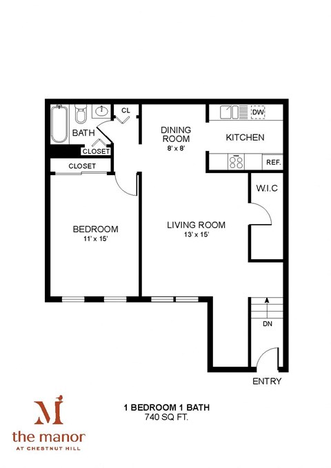 Floor plan for 1 bed, 1 bath, 740 sqft